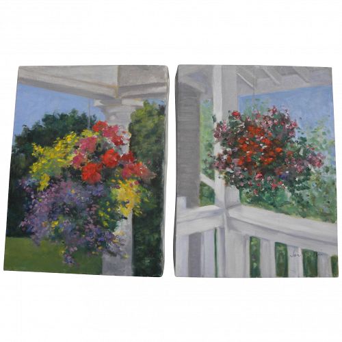 PAIR of contemporary impressionist paintings of  hanging flower baskets on porches