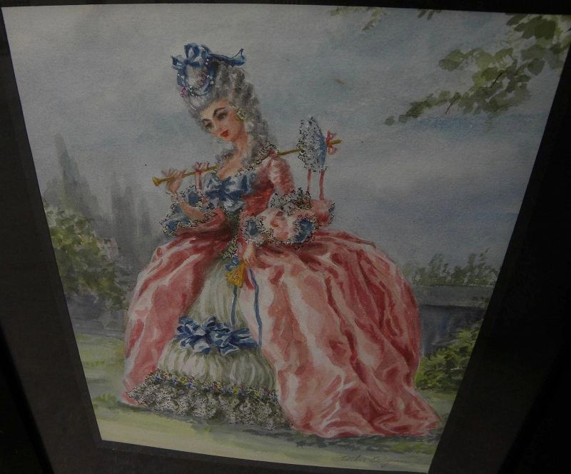 Watercolor painting woman in elegant 18th century costume California illustrator artist ESTHER WYNN (-1990)