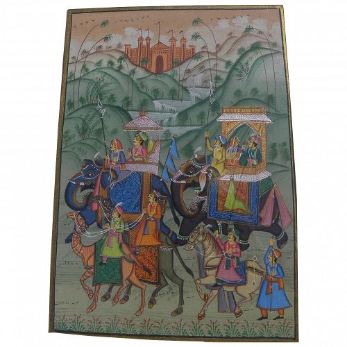 Classic Indian art detailed drawing of elephants, camel and horse with royal riders in exotic landscape