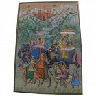 Classic Indian art detailed drawing of elephants, camel and horse with royal riders in exotic landscape