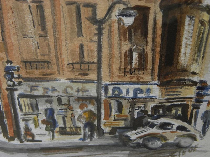 LORRAINE FIEGE (1913-2003) California watercolor painting of iconic Philippe's French Dip restaurant in Los Angeles