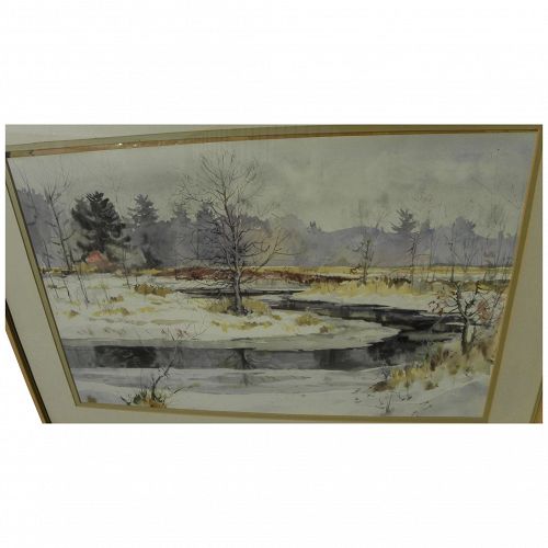 Massachusetts contemporary impressionist watercolor painting of the Charles River in winter snow by JIM HUGHES