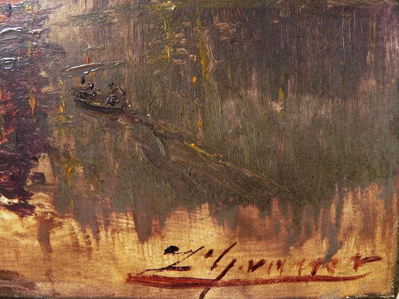 LUIS GRANER Y ARRUFI (1863-1929) impressionist painting harbor at night well known Spanish artist