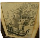 Impressive 19th century signed large French ink drawing of Venice troubadours serenading couple
