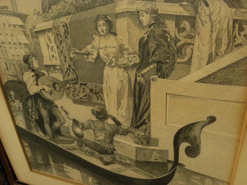 Impressive 19th century signed large French ink drawing of Venice troubadours serenading couple