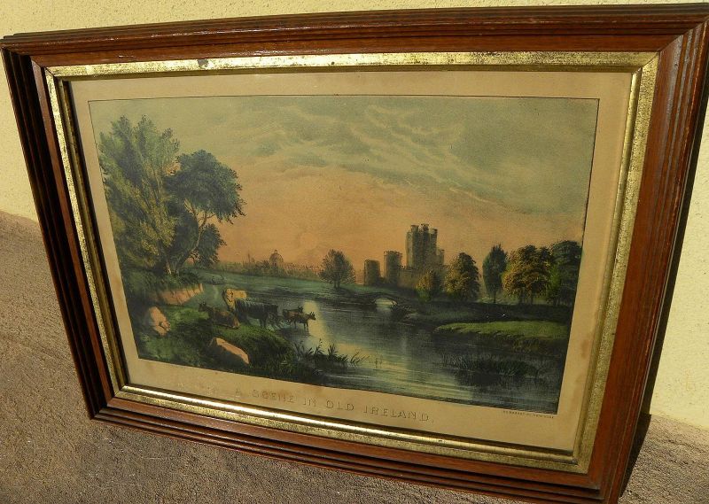 CURRIER &amp; IVES original 19th century lithograph print &quot;A Scene in Old Ireland&quot;