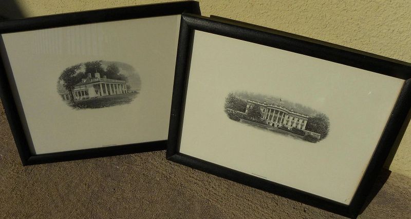 Two fine engravings of Mount Vernon and White House by Bureau of Engraving and Printing