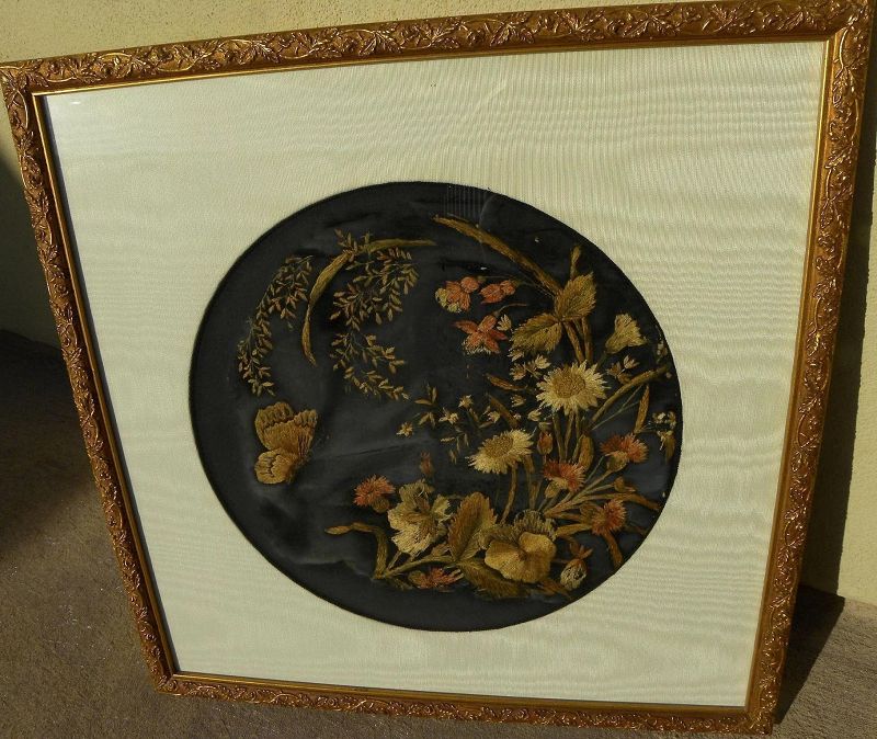Decorative Victorian needlework fragment nicely framed