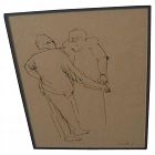 Signed Jewish art ink drawing of standing figures in conversation