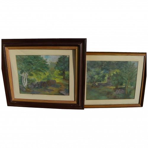 Pair of old pastel landscape paintings each signed with initials