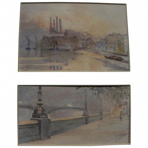 Pair vintage impressionist watercolor paintings of quai in Paris or London signed with monogram