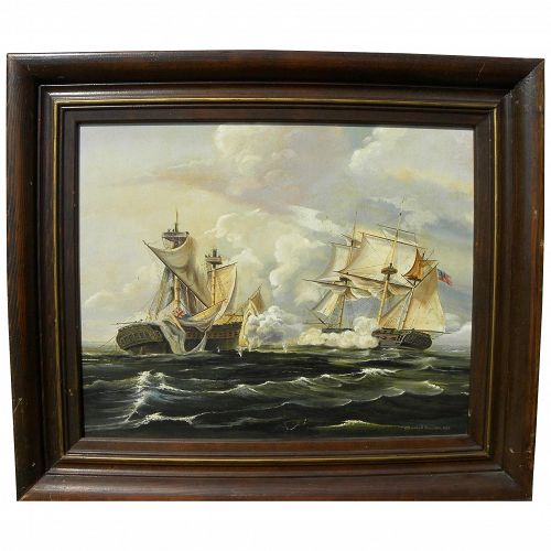 Marine art detailed gouache and watercolor painting of warships in the War of 1812 signed Gordon Bracher 1965