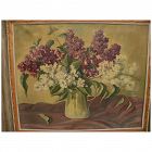 Vintage still life painting of purple and white lilac in vase signed A. Teder