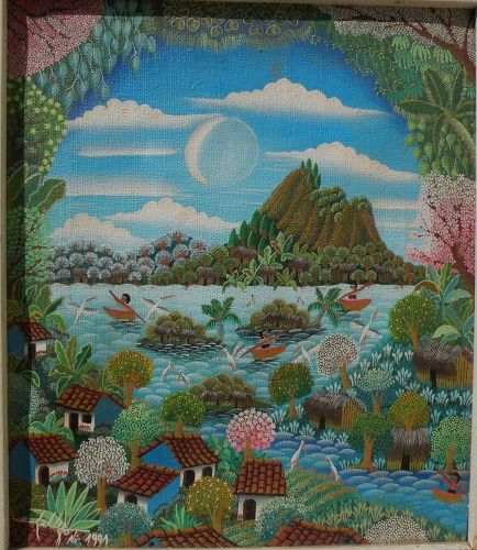 Colorful Nicaraguan primitive style painting of Laguna Masaya landscape