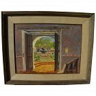 Signed Southwestern painting of a Spanish style courtyard seen through a doorway