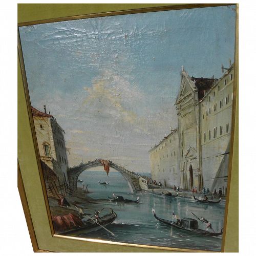 Antique painting of Venice Italy gondolas and architecture in the style of 18th century Old Master Francesco Guardi