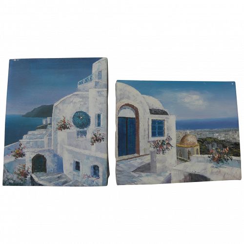 Greek islands PAIR of contemporary small paintings of whitewashed buildings/blue sea