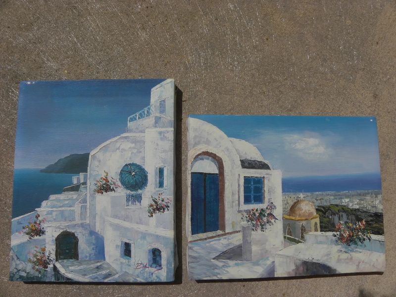 Greek islands PAIR of contemporary small paintings of whitewashed buildings/blue sea
