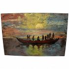 Vietnamese lacquer painting of men in a sampan boat at sunset