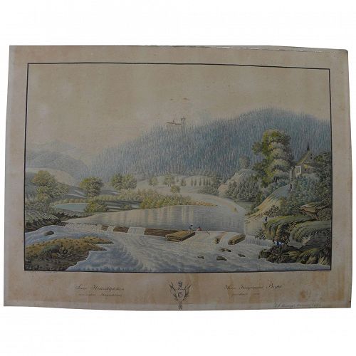 Antique 1840's detailed German extensive landscape with figures watercolor painting