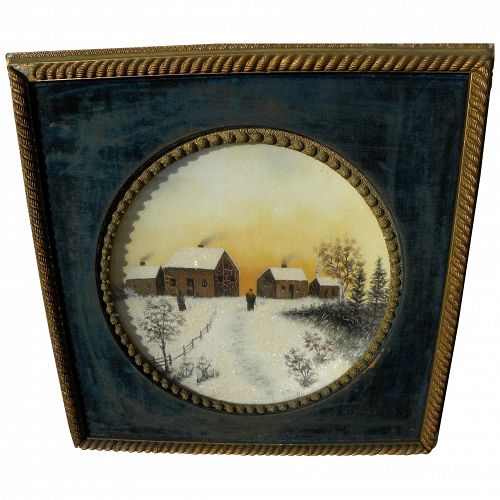 Victorian winter landscape painting with snow sparkles in round framing with velvet liner