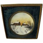 Victorian winter landscape painting with snow sparkles in round framing with velvet liner