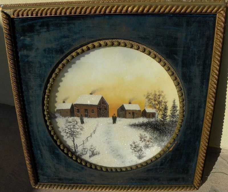 Victorian winter landscape painting with snow sparkles in round framing with velvet liner