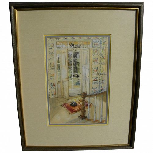 Impressionist watercolor painting of doorway entry area of 19th century home