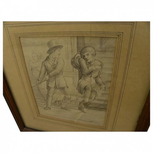 Mid 19th century English or European pencil drawing of two combative men