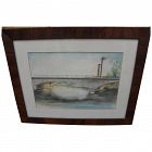 American signed 1915 watercolor painting of a bridge