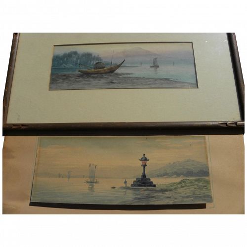 Vintage pre-war Japanese watercolor landscape paintings