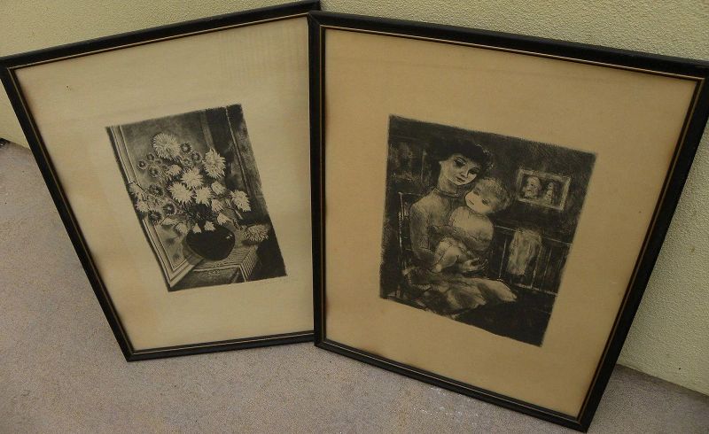 Hungarian art pair pencil signed 1960's etchings