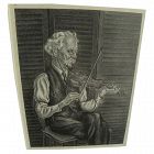 American art Bentonesque black and white lithograph of a fiddler in a chair