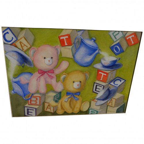 Whimsical original watercolor painting of teddy bears and children's blocks ideal for a nursery or child's room