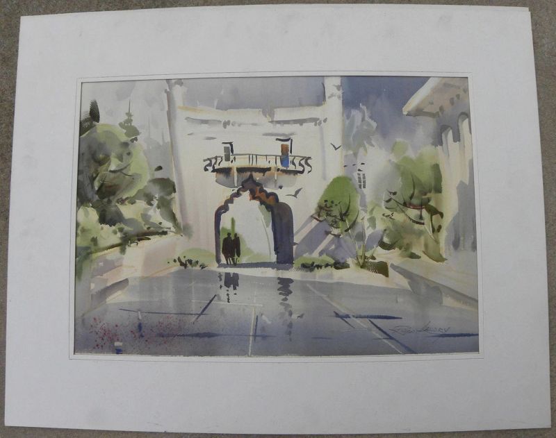 ROBERT LANDRY (1921-1991) watercolor painting of exotic architecture by noted San Diego artist