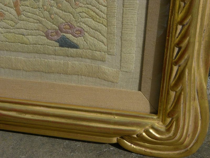 Large hand embroidery needlework picture in expensive closed corner hand carved gold leaf frame