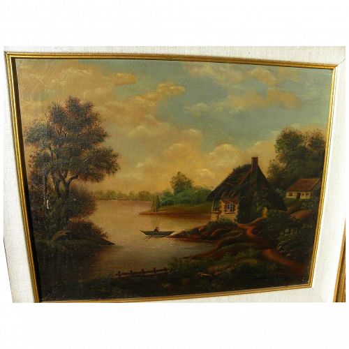 English or European 19th century primitive landscape painting of cottage, lake and figure in small rowboat