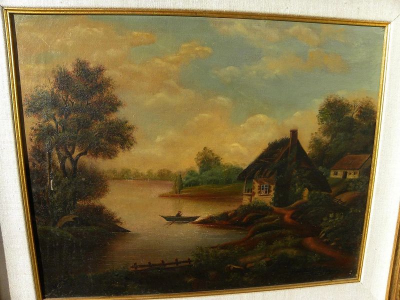 English or European 19th century primitive landscape painting of cottage, lake and figure in small rowboat
