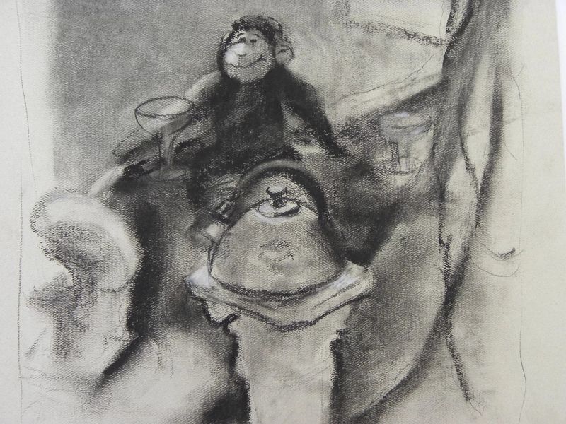 Charcoal illustration drawing of a chimpanzee living the high life