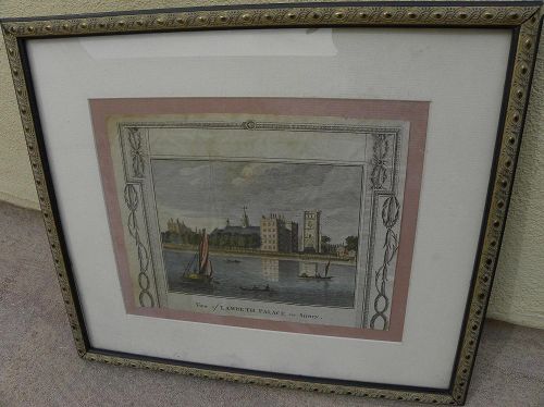 English 1795 framed antique engraving "View of Lambeth Palace in Surrey"
