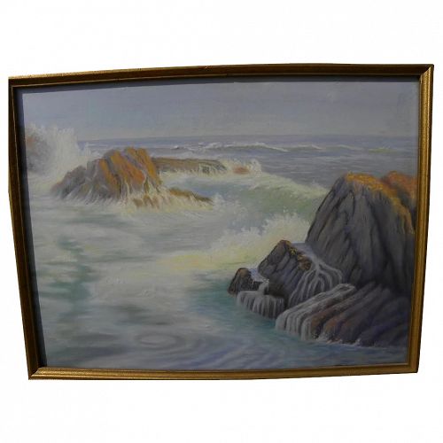 California art pastel drawing of coastal rocks and surf