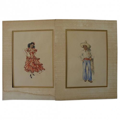 Latin American art PAIR signed watercolor paintings of young woman dancing and handsome man in traditional garb