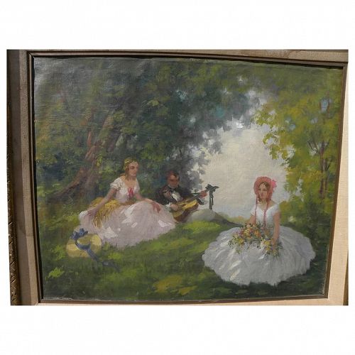 Poetic signed old impressionist oil painting of a man and two young women relaxing in forest glade in summer