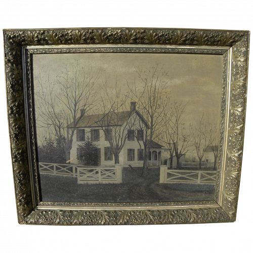 Folky circa 1880 American painting of an early rural clapboard house