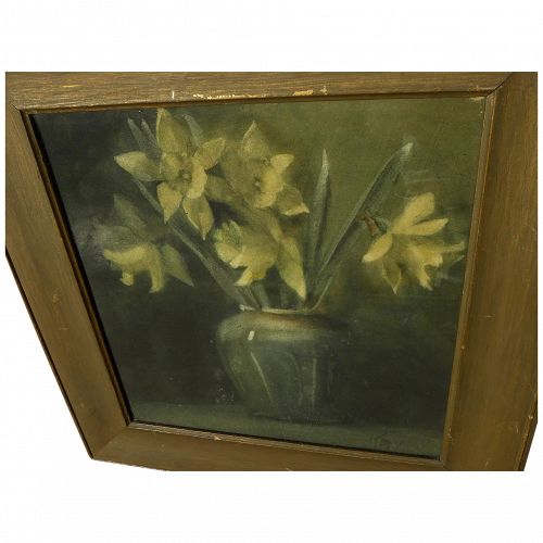 Arts and Crafts feeling signed old watercolor painting of daffodils in a green pottery vase