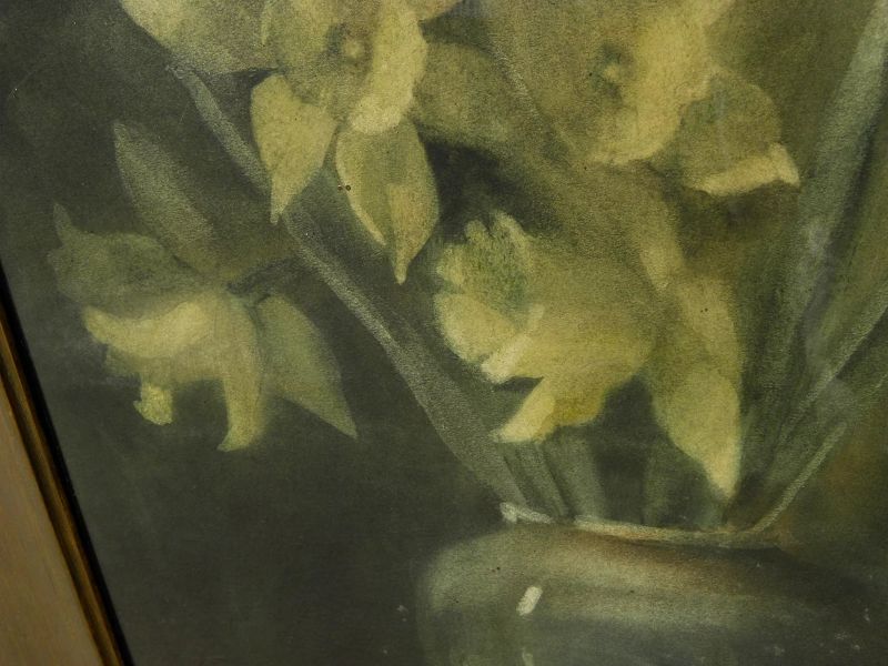 Arts and Crafts feeling signed old watercolor painting of daffodils in a green pottery vase