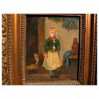Antique 19th century German painting of a young girl and cat in courtyard