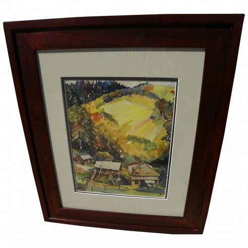 California vintage watercolor landscape steep hillside and structures