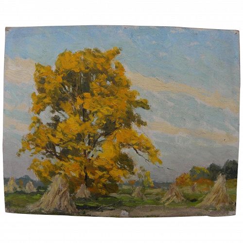 American 1939 impressionist painting of autumn tree and haystacks