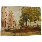 Large detailed 19th century watercolor coastal city scene probably Dutch